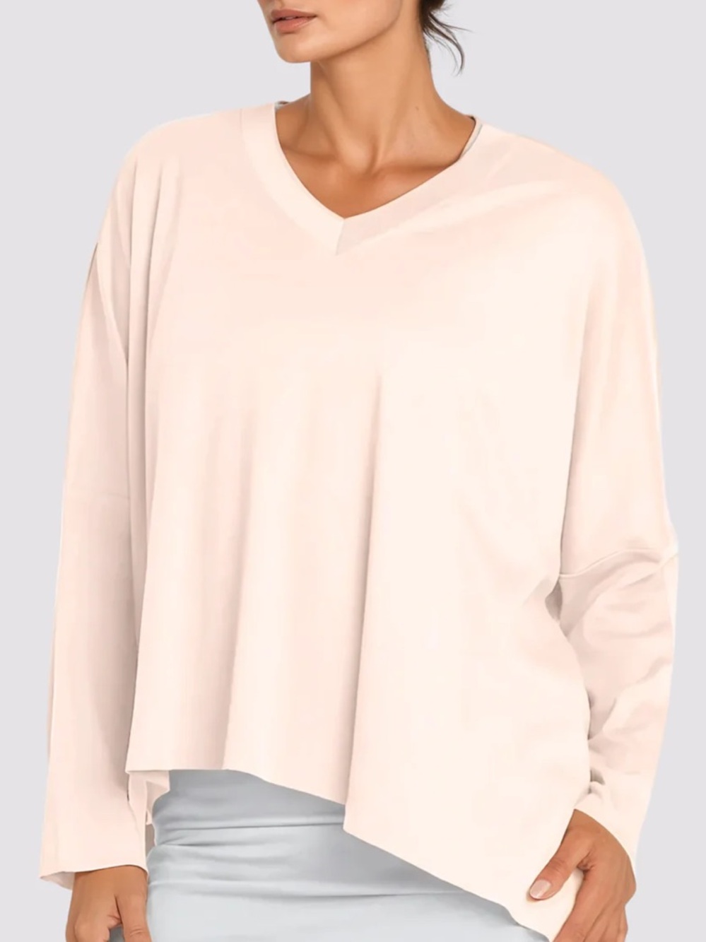 PLANET by Lauren G Pima Cotton V-neck Asymmetrical Oversized Sweatshirt Blush